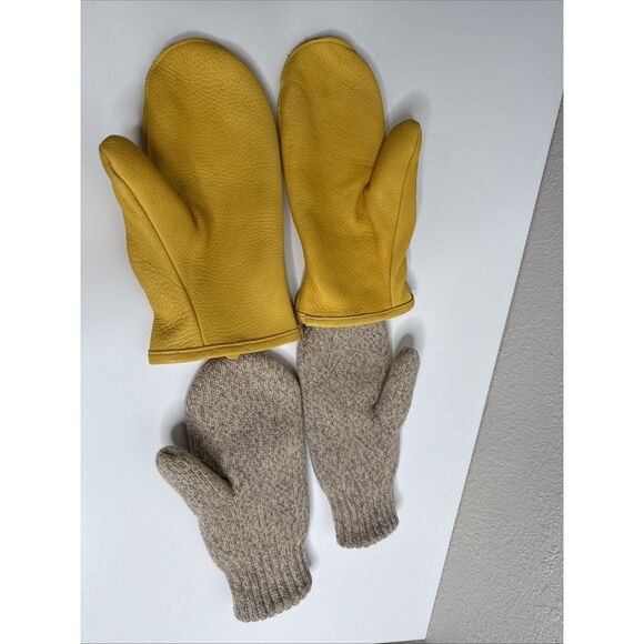 LL Bean Deerskin Leather Shetland Wool Chopper Mittens Mens Size S 258851 Yellow - Picture 4 of 9
